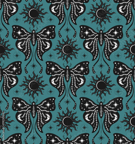 celestial spiritual luna moth seamless pattern in black and white on  dark teal background