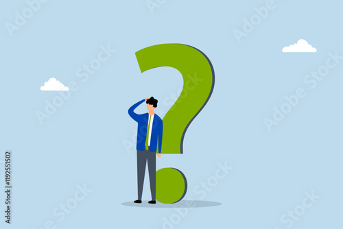 problem solving, uncertain entrepreneur contemplating response with large question mark. 