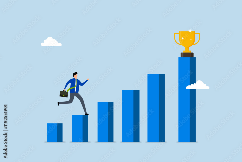 Motivation to drive success, driven entrepreneur racing on ascending bar chart to seize victory trophy. Motivation to drive success, driven entrepreneur racing on ascending bar chart to seize victory trophy.