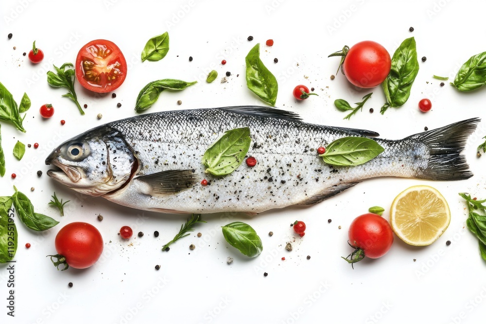 Fresh trout garnished with herbs and vegetables on a white background for a summer dish Fresh trout garnished with herbs and vegetables on a white background for a summer dish