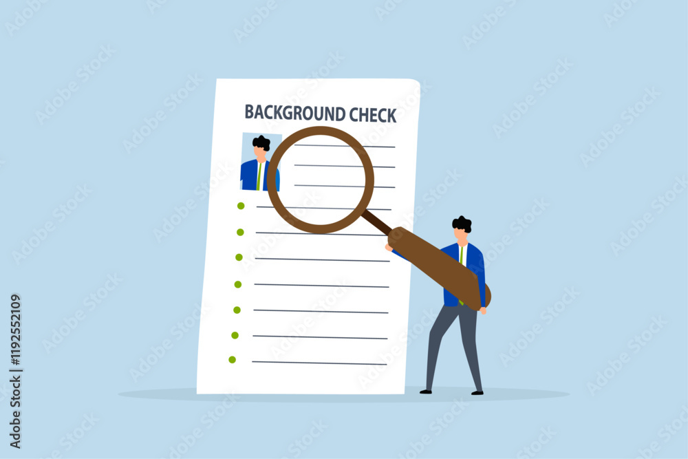 Background check for employment, Investigator using a magnifying glass examining the candidate document. 