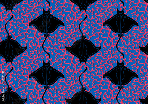manta rays and abstract corals seamless pattern, underwater marine aquatic repeat design in blue, pink black