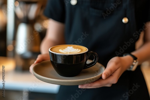 Barista holding latte art coffee in black mug on saucer photo