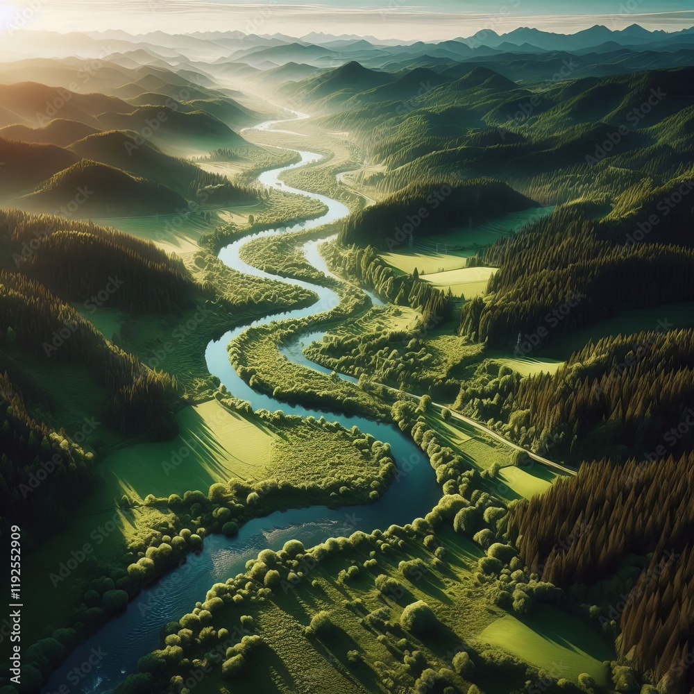 An aerial view of a lush green forest with a winding river
An aerial view of a lush green forest with a winding river