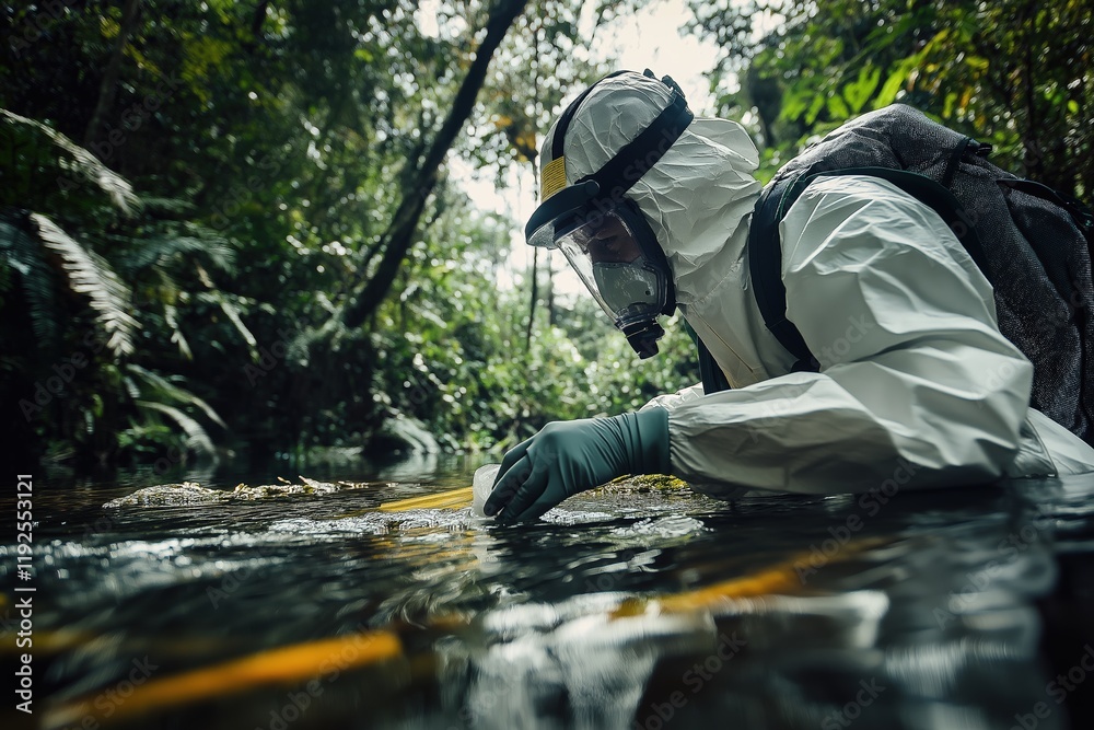 Scientist in protective gear examining water in lush tropical jungle environment Scientist in protective gear examining water in lush tropical jungle environment