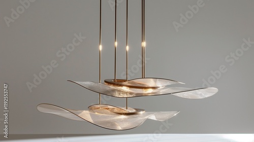 A stylish LED chandelier with hanging elements crafted from recycled materials, positioned on white.