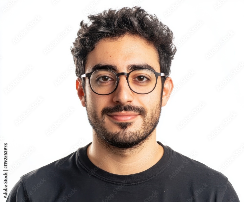 Obraz premium Young man with glasses smiles warmly against a white background showcasing confidence and approachability