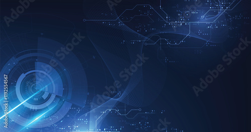 Digital electric circuit circle background.Image electric circuit on dark blue background.High tech circuit board connection system concept.	