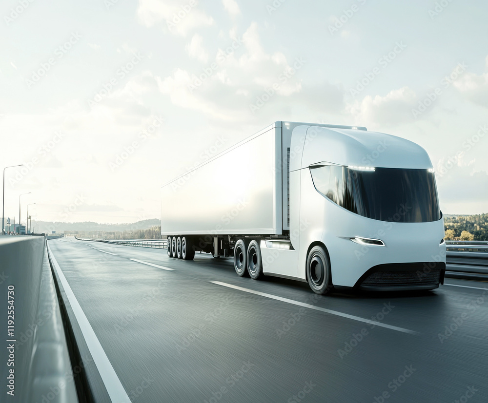 Modern electric truck driving on a highway with clear skies and green scenery in the background during the day Modern electric truck driving on a highway with clear skies and green scenery in the background during the day