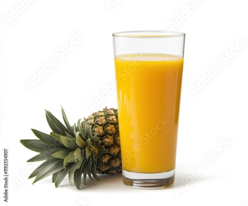 Fresh pineapple juice served in a tall glass alongside a whole pineapple on a white background photo