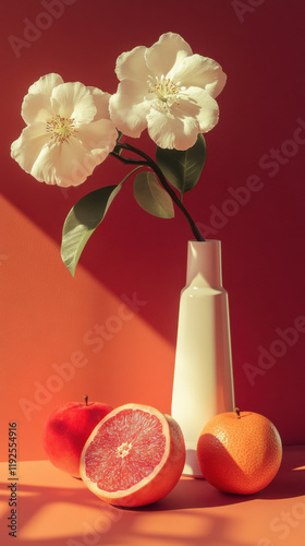 Minimalistic Still Life with Grapefruit, Orange, Fruit, and White Flowers in Vase on Red Background