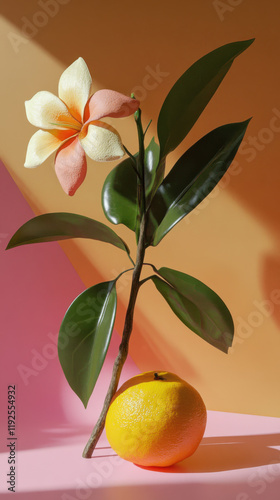 Minimalistic Still Life with Orange and Flower on Colorful Pink and Orange Background