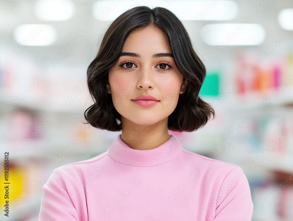 confident woman in pink sweater standing in brightly lit retail store, surrounded by blurred shelves confident woman in pink sweater standing in brightly lit retail store, surrounded by blurred shelves