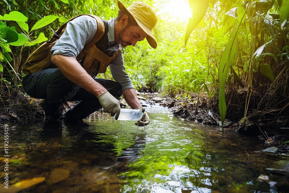 Caucasian male adult collecting water samples in forest stream Caucasian male adult collecting water samples in forest stream