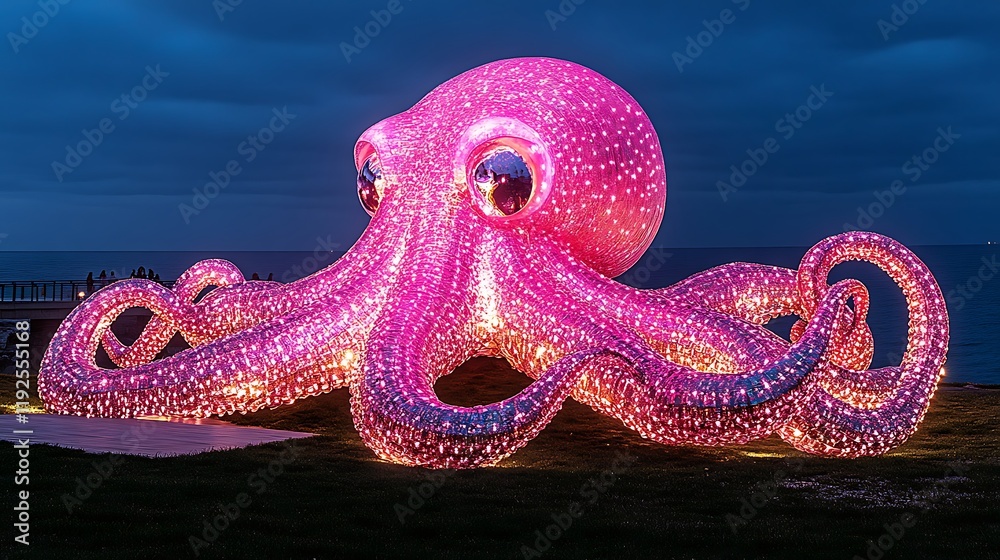 Fototapeta premium Illuminated Octopus Sculpture Near Ocean at Night