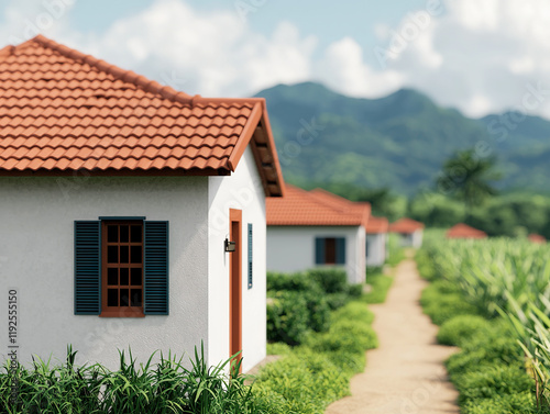 Wallpaper Mural rural community with small houses featuring red roofs, surrounded by greenery and mountains in background Torontodigital.ca