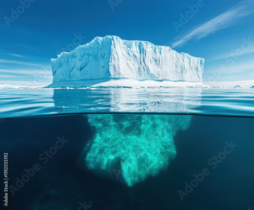 Iceberg floats majestically in calm waters revealing vibrant blue hues beneath the surface in a serene arctic landscape