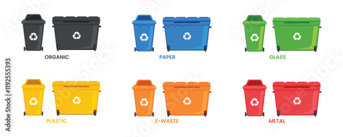 Many garbage cans with sorted garbage. Sorting garbage. Ecology and recycle. Trash cans. Green, yellow, orange, red, blue and black recycle bins with recycle symbol isolated on white background.