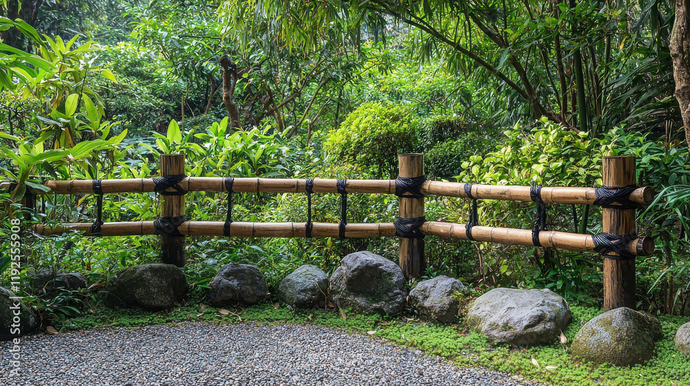 Tranquil Bamboo Fence: A rustic and serene bamboo fence with black rope ties, winding its way through a lush green tropical garden, surrounded by smooth gray stones and a gravel path. Tranquil Bamboo Fence: A rustic and serene bamboo fence with black rope ties, winding its way through a lush green tropical garden, surrounded by smooth gray stones and a gravel path.
