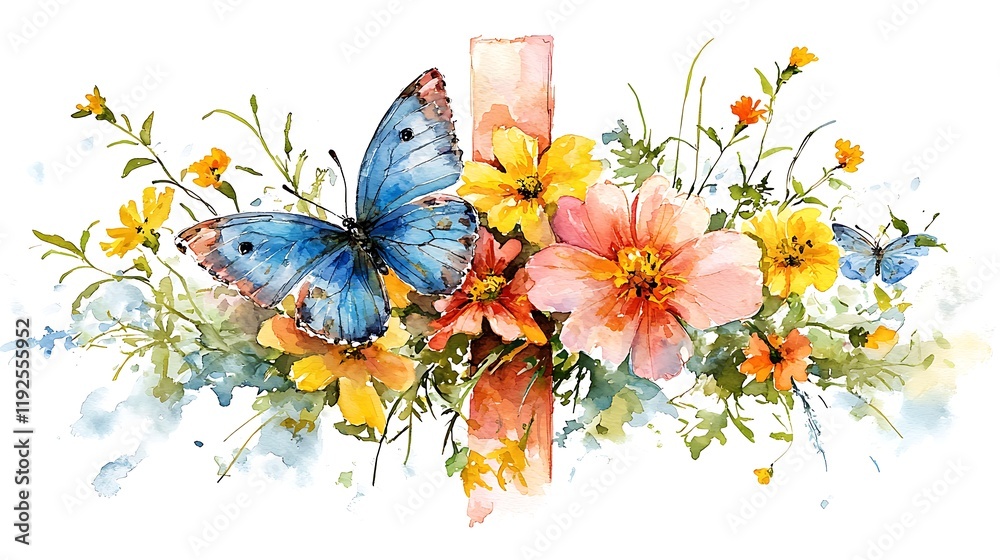 Fototapeta premium Watercolor painting of a vibrant floral arrangement featuring blue morpho butterflies and wildflowers.