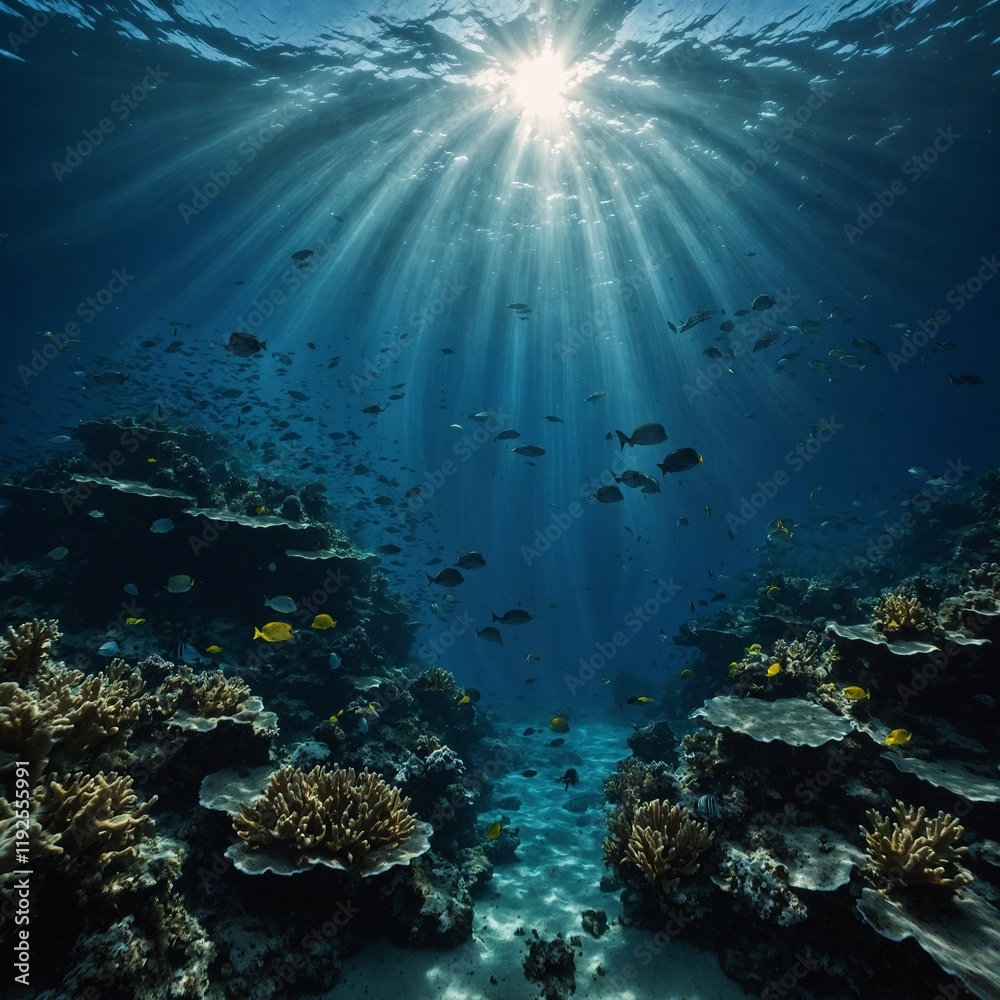 Naklejka premium Abstract image of Tropical underwater dark blue deep ocean wide nature background with rays of sunlight.