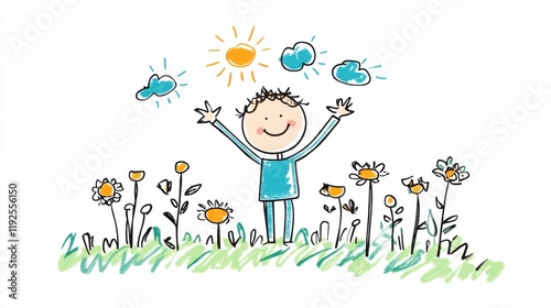 Fototapeta Naklejka Na Ścianę i Meble -  Cheerful child enjoying nature in a sunny field with flowers and clouds illustrated in a playful style