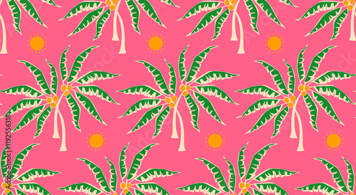 pink green palm trees and sun vintage style seamless pattern