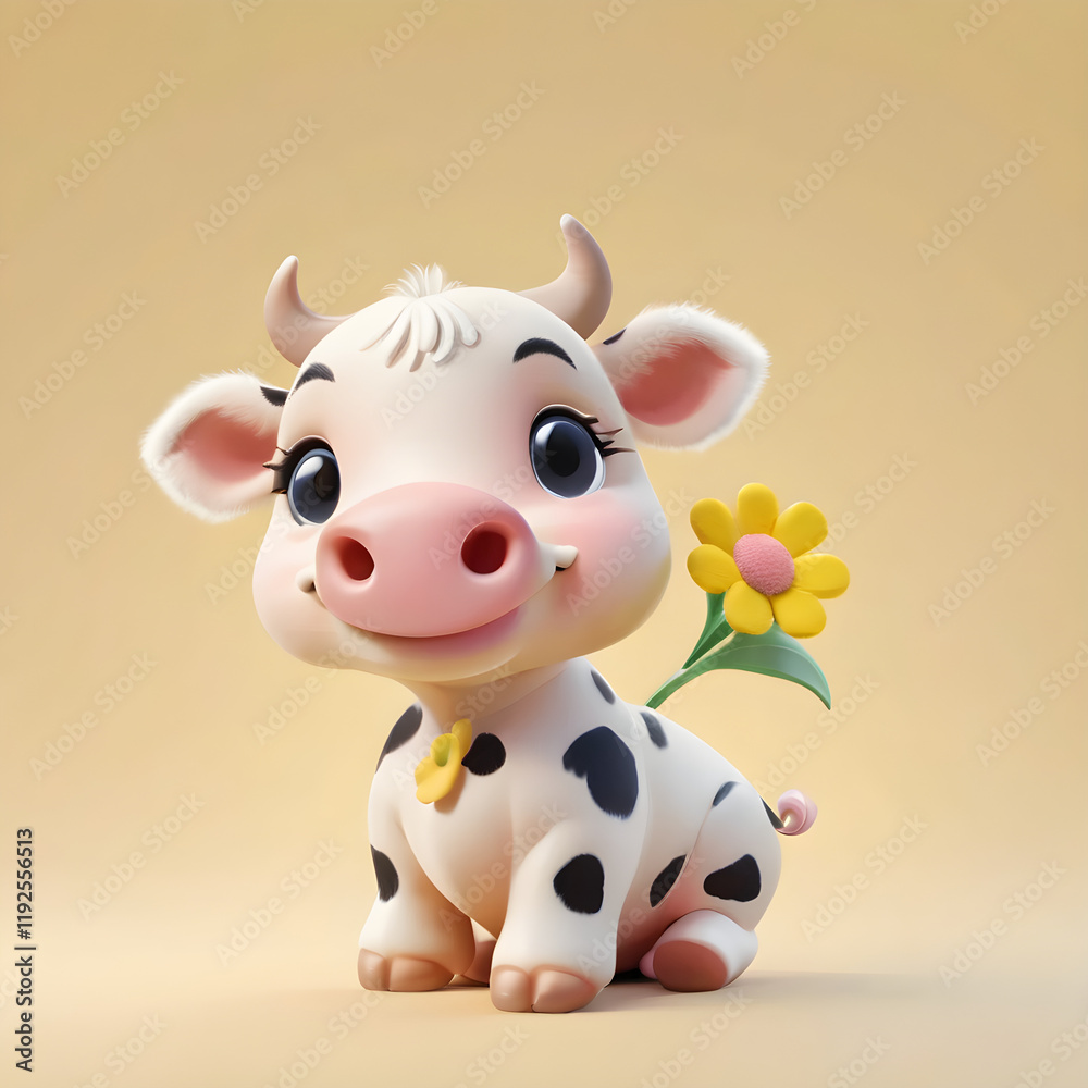 3D render of a cheerful baby cow holding a tiny flower, isolated on a pastel yellow background in ultra-high-definition 8K