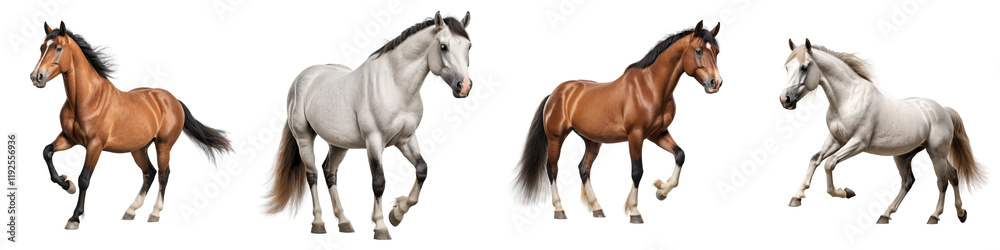 Obraz premium Four majestic horses in dynamic motion showcasing their unique beauty