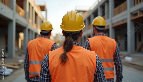 Construction workers wearing yellow safety hardhats and high visibility vests on a construction site photo