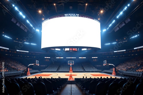 Large blank LED screen in basket ball stadium with empty seats. Scoreboard for sport matches with copy space