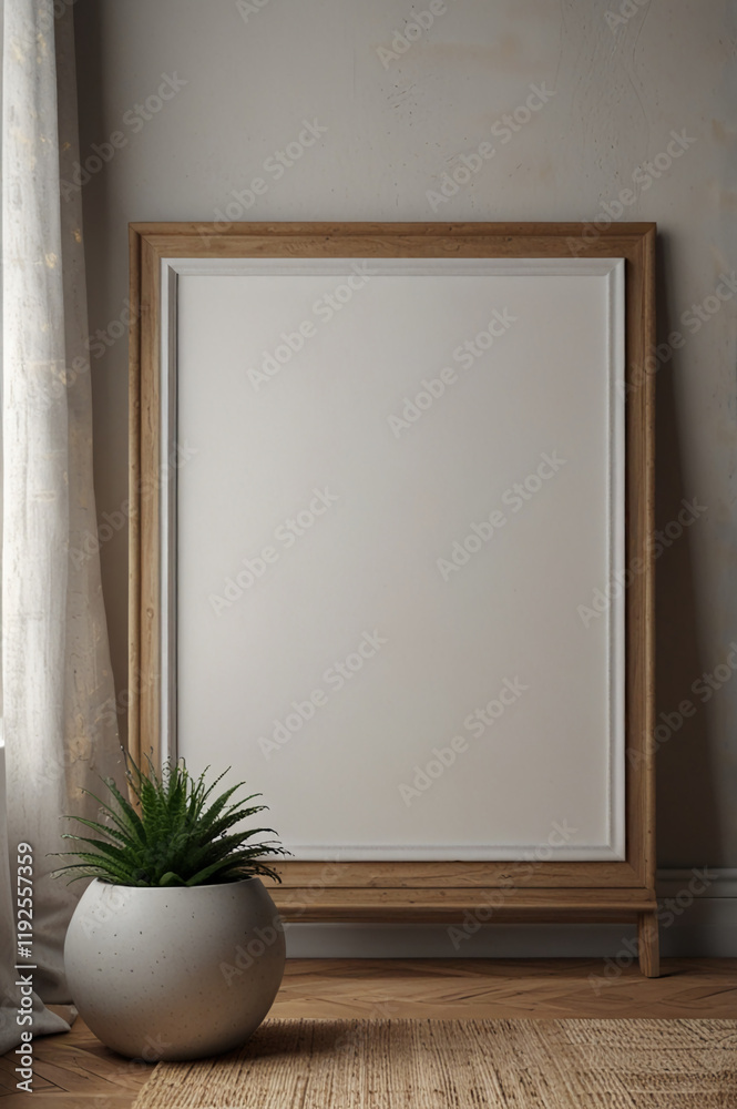 AI generative. 3d render of blank wood frame mockup design scandinavian style. Natural wood and light gray atmosphere. 20 AI generative. 3d render of blank wood frame mockup design scandinavian style. Natural wood and light gray atmosphere. 20