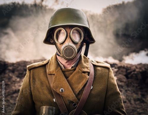 WWI Soldier Wearing a Gas Mask in Historical Setting