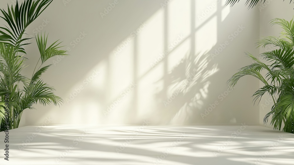Fototapeta premium Simple white light beige background for product presentation. Light walls and floor with soft shadow and light from the window.