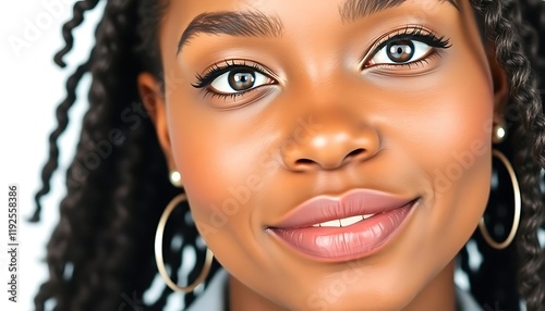 Closeup portrait of young black African American woman on white studio background