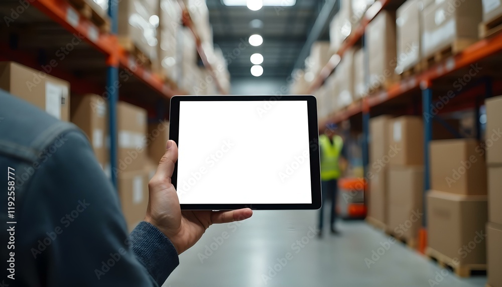 A man is positioned in a warehouse, utilizing a tablet to keep track of stock levels and manage supplies effectively A man is positioned in a warehouse, utilizing a tablet to keep track of stock levels and manage supplies effectively