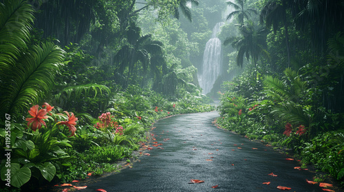 Rainy Road Through the Rainforest Tropical Nature Scene