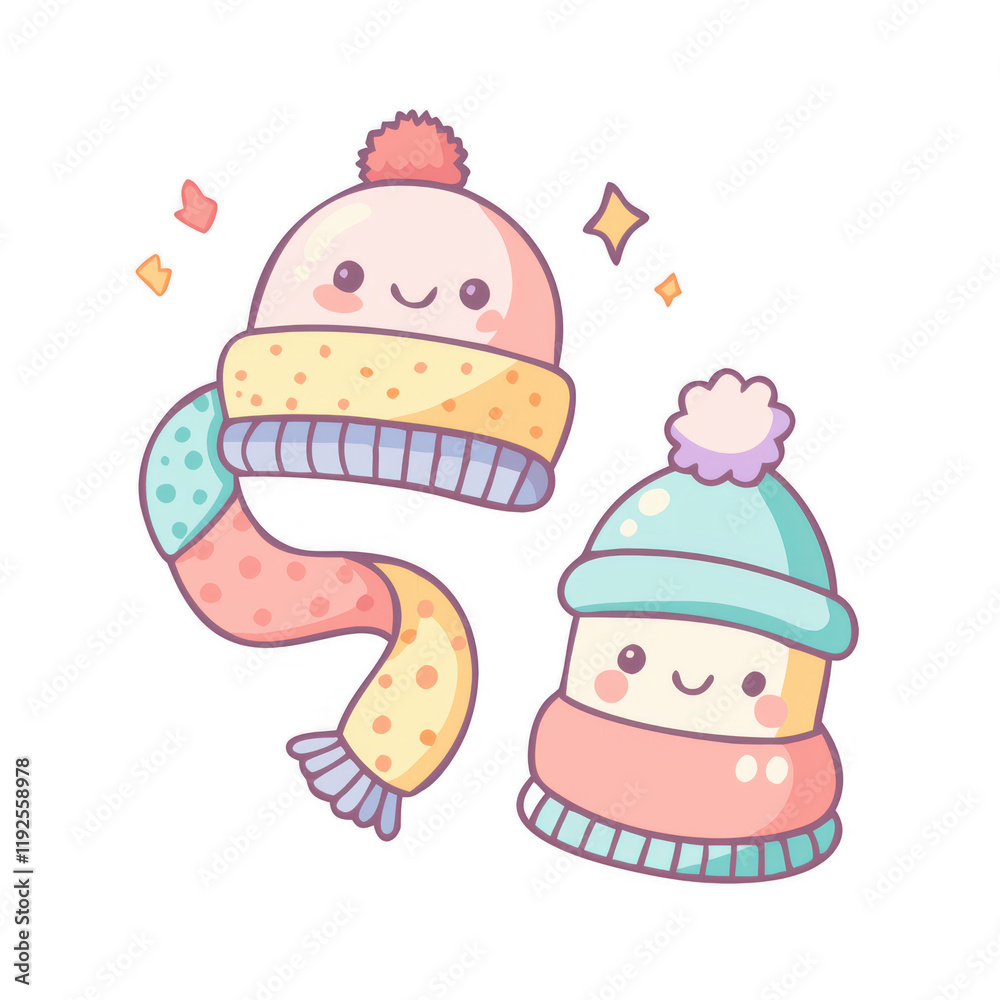 Two cute, colorful winter hats and a scarf, featuring smiling faces and playful designs, conveying a cheerful, cozy vibe. Two cute, colorful winter hats and a scarf, featuring smiling faces and playful designs, conveying a cheerful, cozy vibe.