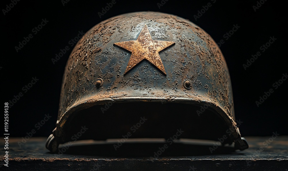 Fototapeta premium Rusty military helmet, star symbol, dark background, remembrance