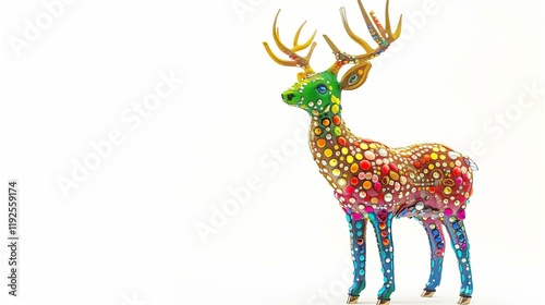 A vibrant deer statue crafted from colorful stones, isolated and positioned on a white background. photo