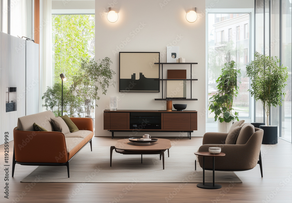 Fototapeta premium A modern living room with minimalist furniture, including an armchair and sofa in brown fabric, a coffee table, a TV stand made of solid wood and metal, decorative plants on the wall