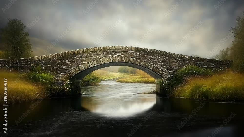 Old stone bridge spans a tranquil river surrounded by lush greenery in a misty landscape