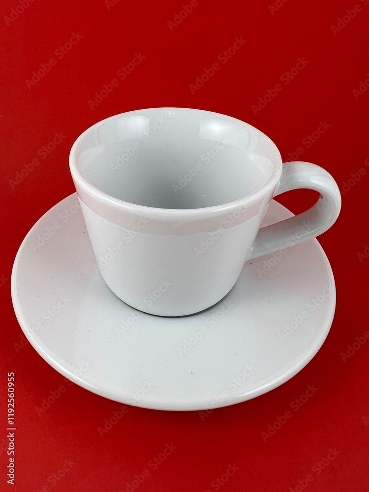 White cup and saucer for drinking isolated on red background White cup and saucer for drinking isolated on red background