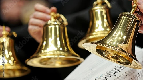 Musicians perform a bell ringing arrangement during a concert in a community hall in the evening