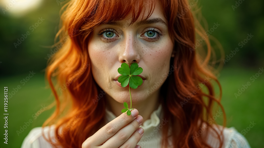 une femme tient un trèfle à quatre feuilles devant son visage - focus sur la plante une femme tient un trèfle à quatre feuilles devant son visage - focus sur la plante