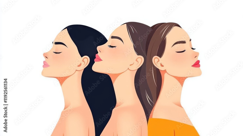 Modern portrait of three women with serene expressions and natural tones, celebrating simplicity, femininity, and harmonious design in contemporary style Modern portrait of three women with serene expressions and natural tones, celebrating simplicity, femininity, and harmonious design in contemporary style