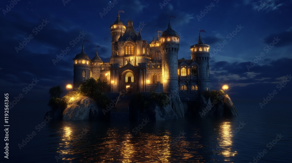 Fototapeta premium Mysterious illuminated castle reflects in waters near a rocky shore at dusk in a serene landscape