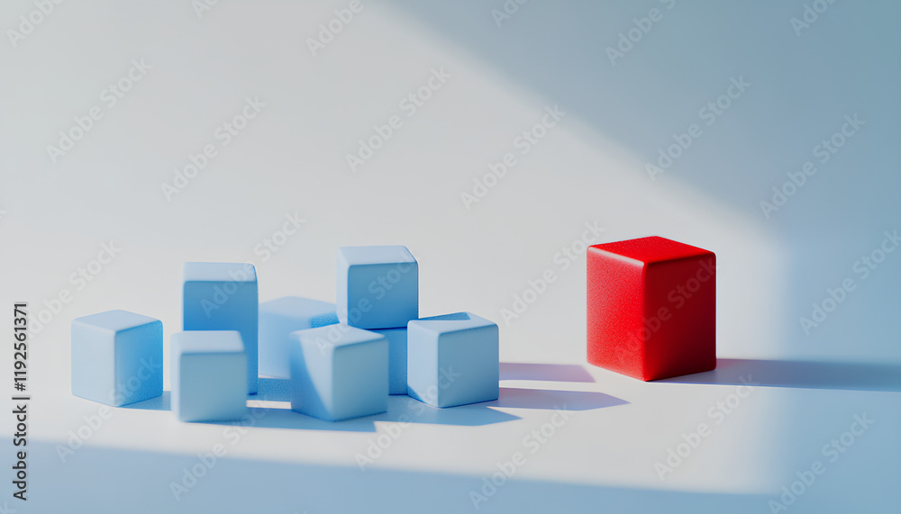 Minimalist 3D render, red cube standing out from blue cubes, soft lighting Minimalist 3D render, red cube standing out from blue cubes, soft lighting