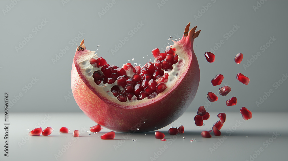 A halved, fresh pomegranate with seeds overflowing, on a minimalist gray background. A halved, fresh pomegranate with seeds overflowing, on a minimalist gray background.