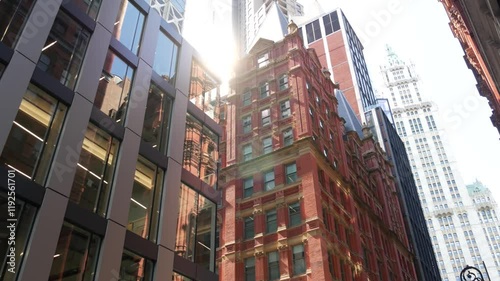 New York City Lower Manhattan, Downtown Financial District architecture, United States. Woolworth building high-rise skyscraper, Beekman street, USA. American urban scene. Gothic tower, NYC. Red brick photo